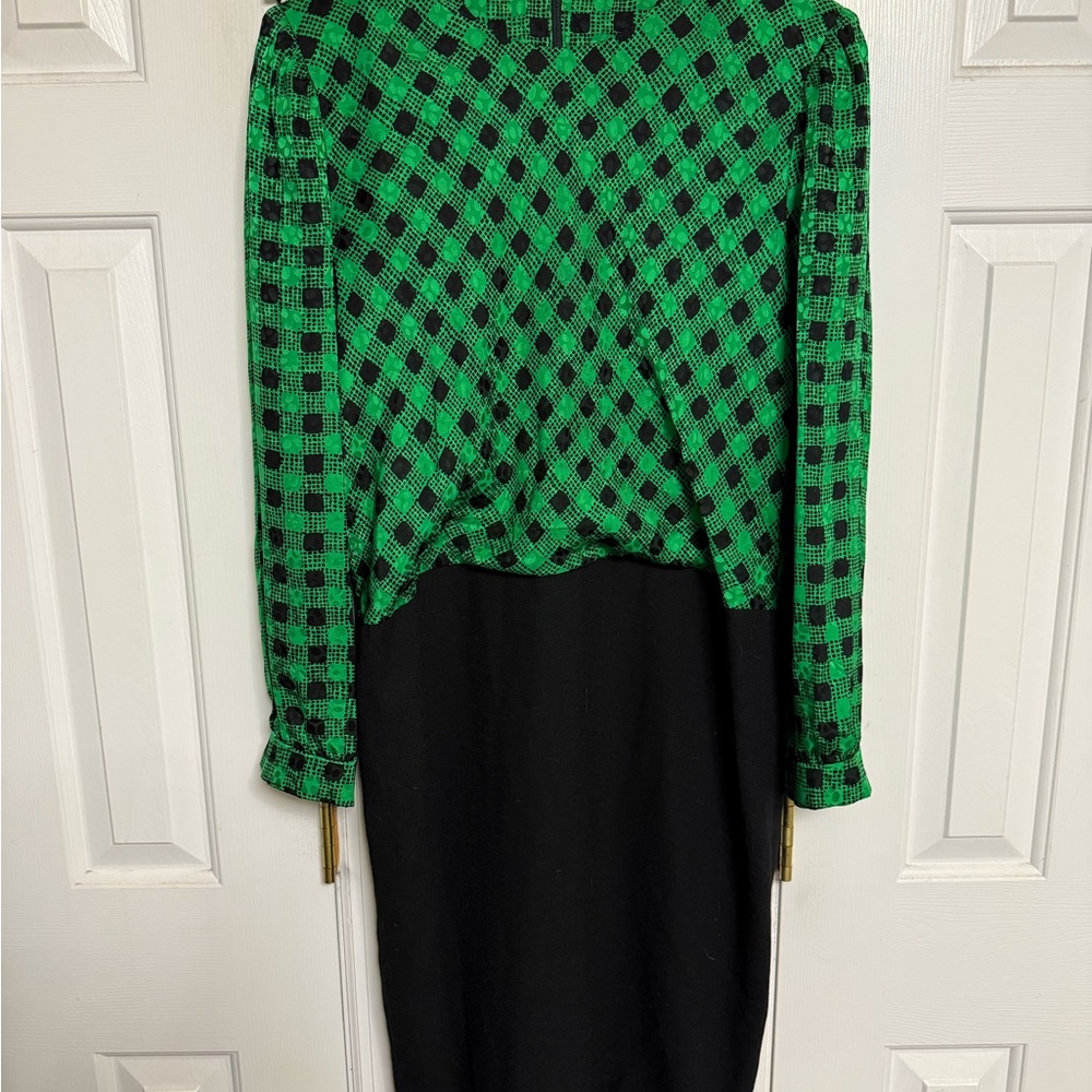 Green and Black Sheath Dress with Bishop Sleeves